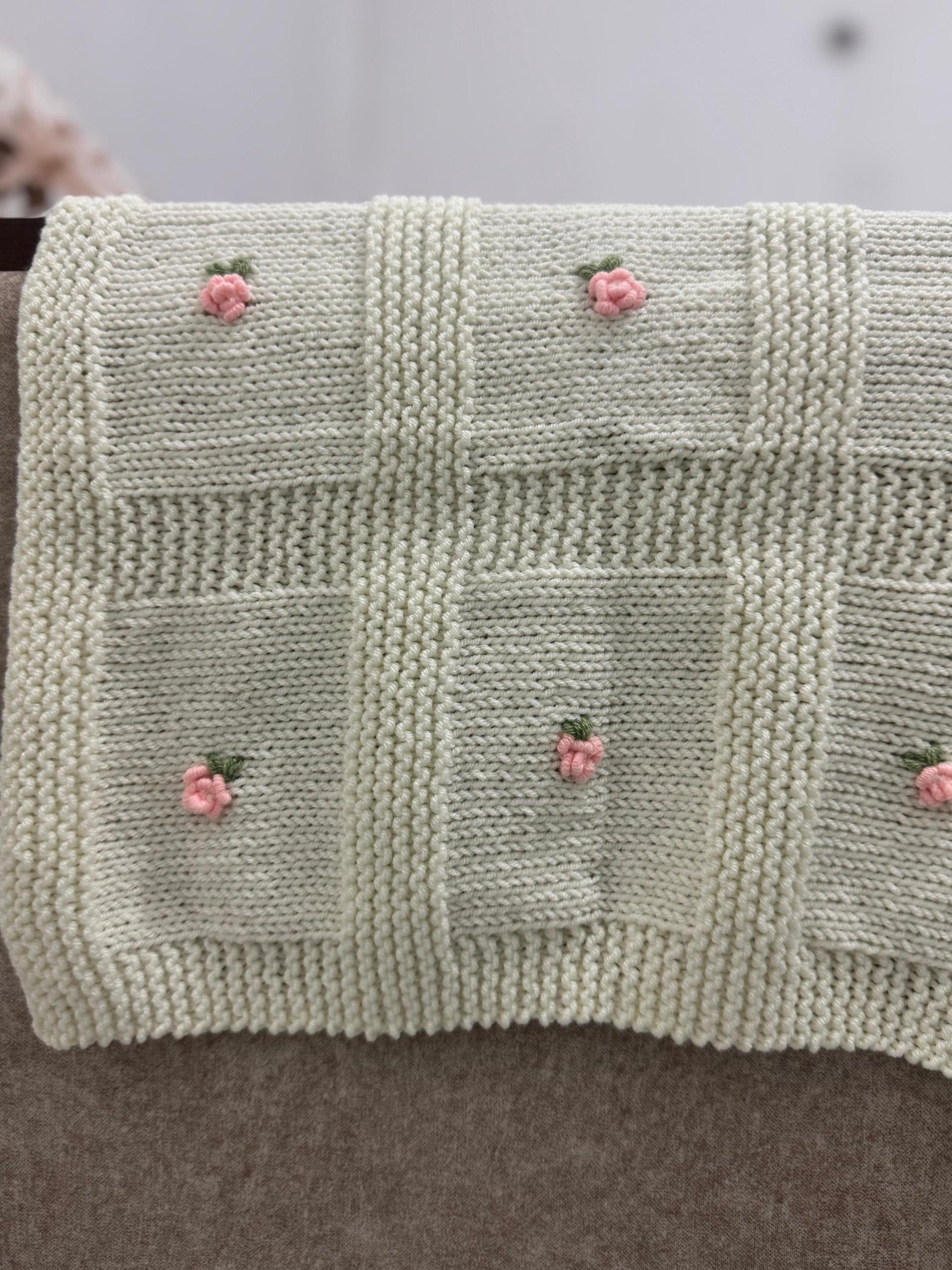 Blossom Garden Baby Blanket Knitting Pattern – Textured Floral Square Knit DK PDF Pattern