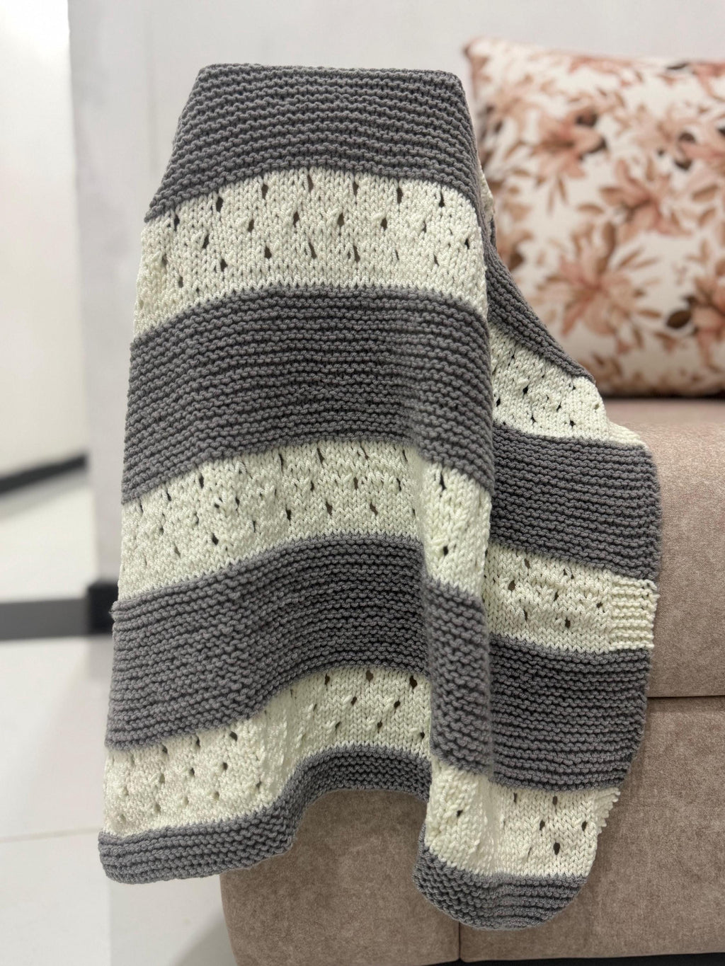 Whisper Stripe Knit Blanket Pattern – Textured Lace & Garter Stitch – PDF Knitting Pattern